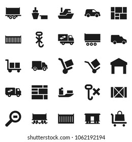 Flat vector icon set - Railway carriage vector, ship, truck trailer, sea container, delivery, car, port, wood box, consolidated cargo, no hook, warehouse, search, relocation, trolley