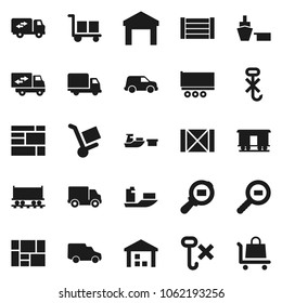 Flat vector icon set - Railway carriage vector, ship, truck trailer, delivery, car, port, wood box, consolidated cargo, no hook, warehouse, search, relocation, trolley
