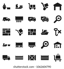 Flat vector icon set - Railway carriage vector, ship, truck trailer, sea container, delivery, car, port, wood box, consolidated cargo, no hook, warehouse, search, relocation, trolley