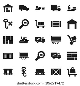 Flat vector icon set - Railway carriage vector, ship, truck trailer, sea container, delivery, car, port, wood box, consolidated cargo, no hook, warehouse, search, relocation, trolley