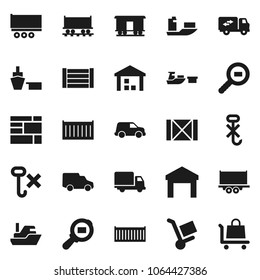 Flat vector icon set - Railway carriage vector, ship, truck trailer, sea container, delivery, car, port, wood box, consolidated cargo, no hook, warehouse, search, relocation, trolley