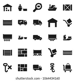 Flat vector icon set - Railway carriage vector, ship, truck trailer, sea container, delivery, car, port, wood box, consolidated cargo, no hook, warehouse, search, relocation, trolley