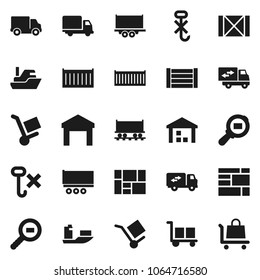 Flat vector icon set - Railway carriage vector, ship, truck trailer, sea container, delivery, wood box, consolidated cargo, no hook, warehouse, search, relocation, trolley
