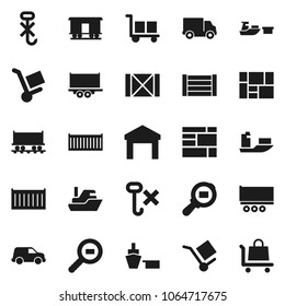 Flat vector icon set - Railway carriage vector, ship, truck trailer, sea container, delivery, car, port, wood box, consolidated cargo, no hook, warehouse, search, trolley