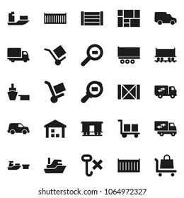 Flat vector icon set - Railway carriage vector, ship, truck trailer, sea container, delivery, car, port, wood box, consolidated cargo, no hook, warehouse, search, relocation, trolley
