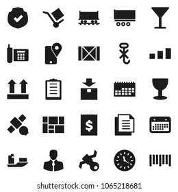 Flat vector icon set - Railway carriage vector, satellite, phone, client, traking, ship, truck trailer, clock, calendar, receipt, wood box, consolidated cargo, clipboard, document, glass, top sign