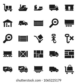 Flat vector icon set - Railway carriage vector, ship, truck trailer, sea container, delivery, car, wood box, consolidated cargo, no hook, warehouse, search, relocation, trolley