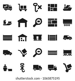 Flat vector icon set - Railway carriage vector, ship, truck trailer, sea container, delivery, car, port, wood box, consolidated cargo, no hook, warehouse, search, relocation, trolley