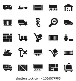 Flat vector icon set - Railway carriage vector, ship, truck trailer, sea container, delivery, car, port, wood box, consolidated cargo, no hook, warehouse, search, relocation, trolley