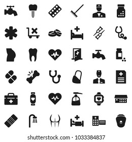 Flat vector icon set - rake vector, water tap, liquid soap, heart pulse, pills vial, buttocks, monitor, no trolley, doctor bag, ambulance star, crutches, broken bone, patch, stethoscope, bottle