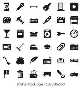 Flat vector icon set - rake vector, trash bin, iron, plates, ladle, microwave oven, graduate hat, pen, clock, sand, dollar flag, skateboard, calendar, glass, cinema clap, microphone, satellitie, key