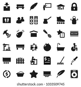 Flat vector icon set - rake vector, welcome mat, foam basin, apron, skimmer, turk coffee, chicken leg, pen, blackboard, student, exchange, annual report, fitball, roller Skates, truck trailer, group