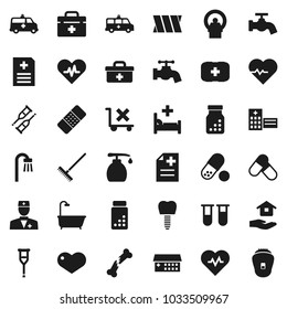 Flat vector icon set - rake vector, water tap, liquid soap, house hold, heart pulse, pills vial, first aid kit, no trolley, doctor bag, crutches, broken bone, patch, bottle, anamnesis, hospital bed