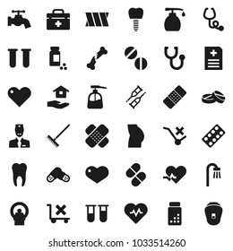 Flat vector icon set - rake vector, water tap, liquid soap, house hold, heart pulse, pills vial, buttocks, no trolley, doctor bag, crutches, broken bone, patch, stethoscope, blister, anamnesis, bath