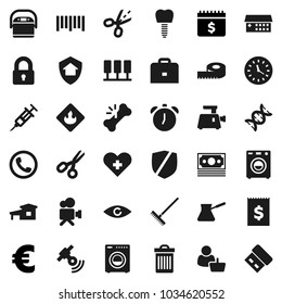 Flat vector icon set - rake vector, trash bin, turk coffee, case, alarm clock, scissors, dollar calendar, euro sign, measuring, money, receipt, protected, flammable, barcode, satellitie, heart cross