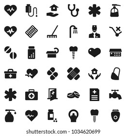 Flat vector icon set - rake vector, water tap, liquid soap, house hold, heart pulse, pills vial, first aid kit, no trolley, doctor bag, ambulance star, patch, stethoscope, blister, anamnesis, bath