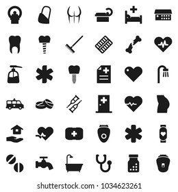 Flat vector icon set - rake vector, water tap, liquid soap, house hold, heart pulse, buttocks, monitor, first aid kit, ambulance star, crutches, broken bone, stethoscope, pills, bottle, blister