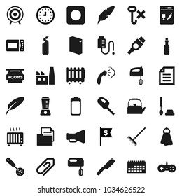 Flat vector icon set - rake vector, towel, steaming, toilet brush, washing powder, cleaning agent, kettle, skimmer, knife, oil, pen, document, clock, dollar flag, target, calendar, no hook, battery