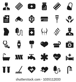 Flat vector icon set - rake vector, water tap, house hold, heart pulse, buttocks, monitor, first aid kit, ambulance star, doctor, vial, crutches, stethoscope, pills, bottle, blister, anamnesis, bath