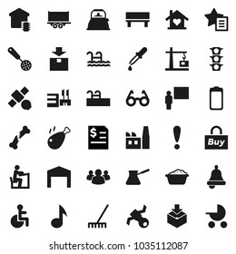 Flat vector icon set - rake vector, foam basin, kettle, skimmer, turk coffee, chicken leg, blackboard, glasses, student, bell, music, annual report, attention, satellite, traffic light, package, buy