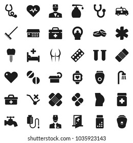 Flat vector icon set - rake vector, water tap, liquid soap, heart pulse, pills vial, buttocks, monitor, no trolley, doctor bag, ambulance star, patch, stethoscope, bottle, blister, hospital bed