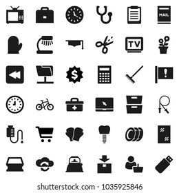 Flat vector icon set - rake vector, sponge, window cleaning, kettle, cook glove, plates, graduate hat, case, table lamp, calculator, clipboard, archive, cart, clock, dollar medal, bike, jump rope