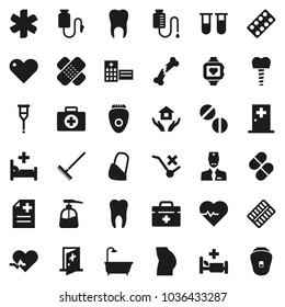 Flat vector icon set - rake vector, liquid soap, house hold, heart pulse, buttocks, monitor, first aid kit, no trolley, doctor bag, ambulance star, vial, crutches, broken bone, patch, pills, blister