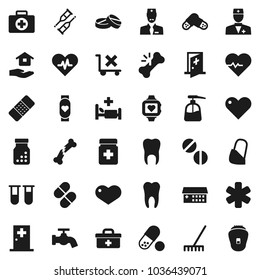Flat vector icon set - rake vector, water tap, liquid soap, house hold, heart pulse, pills, monitor, first aid kit, no trolley, doctor bag, ambulance star, vial, crutches, broken bone, patch, bottle