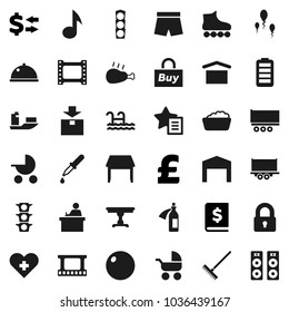 Flat vector icon set - rake vector, foam basin, dish, chicken leg, student, music, exchange, annual report, pound, fitball, shorts, roller Skates, traffic light, ship, truck trailer, dry cargo, pool
