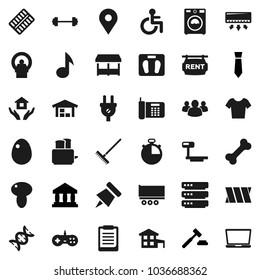 Flat vector icon set - rake vector, washer, house hold, toaster, egg, mushroom, clipboard, paper pin, music, bank, auction, tie, barbell, scales, stopwatch, t shirt, bone, map, truck trailer, big