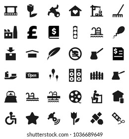 Flat vector icon set - rake vector, kettle, turk coffee, pen, student, annual report, pound, pool, no fastfood, satellite, traffic light, ship, dry cargo, tulip, package, film frame, spool, disabled