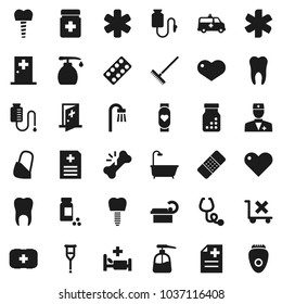 Flat vector icon set - rake vector, liquid soap, pills vial, heart monitor, first aid kit, no trolley, ambulance star, doctor, crutches, broken bone, patch, stethoscope, bottle, blister, anamnesis