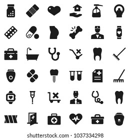 Flat vector icon set - rake vector, liquid soap, house hold, buttocks, pills, heart monitor, first aid kit, no trolley, doctor bag, pulse, vial, crutches, broken bone, patch, stethoscope, bottle