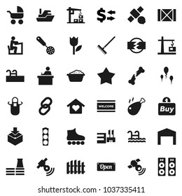 Flat vector icon set - rake vector, welcome mat, foam basin, apron, skimmer, chicken leg, student, exchange, roller Skates, satellite, traffic light, ship, wood box, tulip, package, satellitie, link