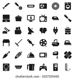 Flat vector icon set - rake vector, pan, colander, measuring cup, skimmer, spatula, toaster, blender, dish, monitor dollar, boxing glove, satellite antenna, film spool, disk, remote control, hdmi