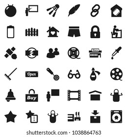 Flat vector icon set - rake vector, apron, skimmer, pen, blackboard, glasses, student, bell, fitball, shorts, shuttlecock, satellite, dry cargo, package, film frame, spool, link, group, battery, buy