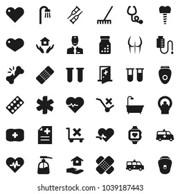 Flat vector icon set - rake vector, liquid soap, house hold, heart pulse, buttocks, monitor, first aid kit, no trolley, ambulance star, vial, crutches, broken bone, patch, stethoscope, pills bottle