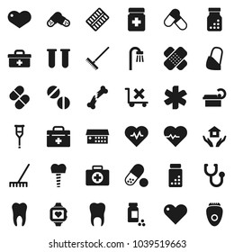 Flat vector icon set - rake vector, house hold, heart pulse, pills vial, monitor, first aid kit, no trolley, doctor bag, ambulance star, crutches, broken bone, patch, stethoscope, bottle, blister