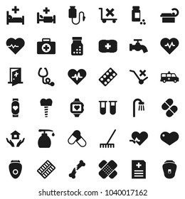 Flat vector icon set - rake vector, water tap, liquid soap, house hold, heart pulse, pills vial, monitor, first aid kit, no trolley, broken bone, patch, stethoscope, bottle, blister, anamnesis, bath