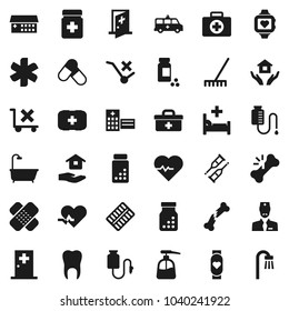 Flat vector icon set - rake vector, liquid soap, house hold, heart pulse, pills vial, monitor, first aid kit, no trolley, doctor bag, ambulance star, crutches, broken bone, patch, bottle, blister