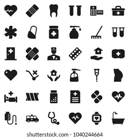 Flat vector icon set - rake vector, liquid soap, house hold, heart pulse, pills vial, buttocks, monitor, first aid kit, no trolley, doctor bag, ambulance star, crutches, patch, stethoscope, bottle