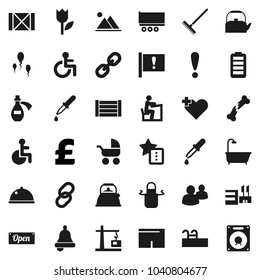 Flat vector icon set - rake vector, kettle, apron, dish, student, bell, pound, shorts, attention, truck trailer, wood box, tulip, link, group, battery, disabled, heart cross, dropper, broken bone