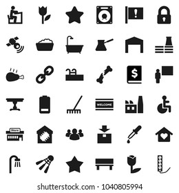 Flat vector icon set - rake vector, welcome mat, foam basin, turk coffee, chicken leg, blackboard, student, annual report, shuttlecock, attention, tulip, package, satellitie, link, group, battery