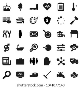 Flat vector icon set - rake vector, water tap, bath, pan, cook glove, meat hammer, thermometer, cereal, cake, corner ruler, case, clipboard, molecule, magnifier, man, dollar shield, measuring, mail