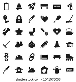 Flat vector icon set - rake vector, welcome mat, toilet, kettle, apron, skimmer, dish, pencil, bell, roller Skates, shuttlecock, traffic light, ship, wood box, tulip, package, link, group, battery