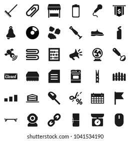 Flat vector icon set - rake vector, clothespin, sponge, towel, cleaning agent, garbage pile, ladle, oven, bell, abacus, document, flag, pie graph, dollar, snickers, skateboard, calendar, sorting