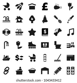 Flat vector icon set - rake vector, welcome mat, toilet, foam basin, skimmer, chicken leg, pencil, student, bell, music, exchange, annual report, pound, shorts, roller Skates, shuttlecock, pool