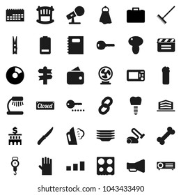 Flat vector icon set - rake vector, clothespin, towel, steaming, cleaning agent, rubber glove, plates, scales, knife, oven, mushroom, copybook, table lamp, pie graph, case, bank building, bone, key