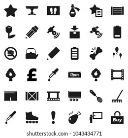Flat vector icon set - rake vector, welcome mat, kettle, skimmer, chicken leg, pencil, blackboard, pound, shorts, roller Skates, no fastfood, attention, truck trailer, wood box, tulip, package, star