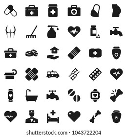 Flat vector icon set - rake vector, water tap, liquid soap, house hold, heart pulse, pills vial, buttocks, monitor, first aid kit, doctor bag, crutches, broken bone, patch, bottle, blister, bandage